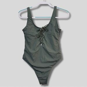 Xhilaration Olive Green Ribbed Lace-Up One Piece Swimsuit